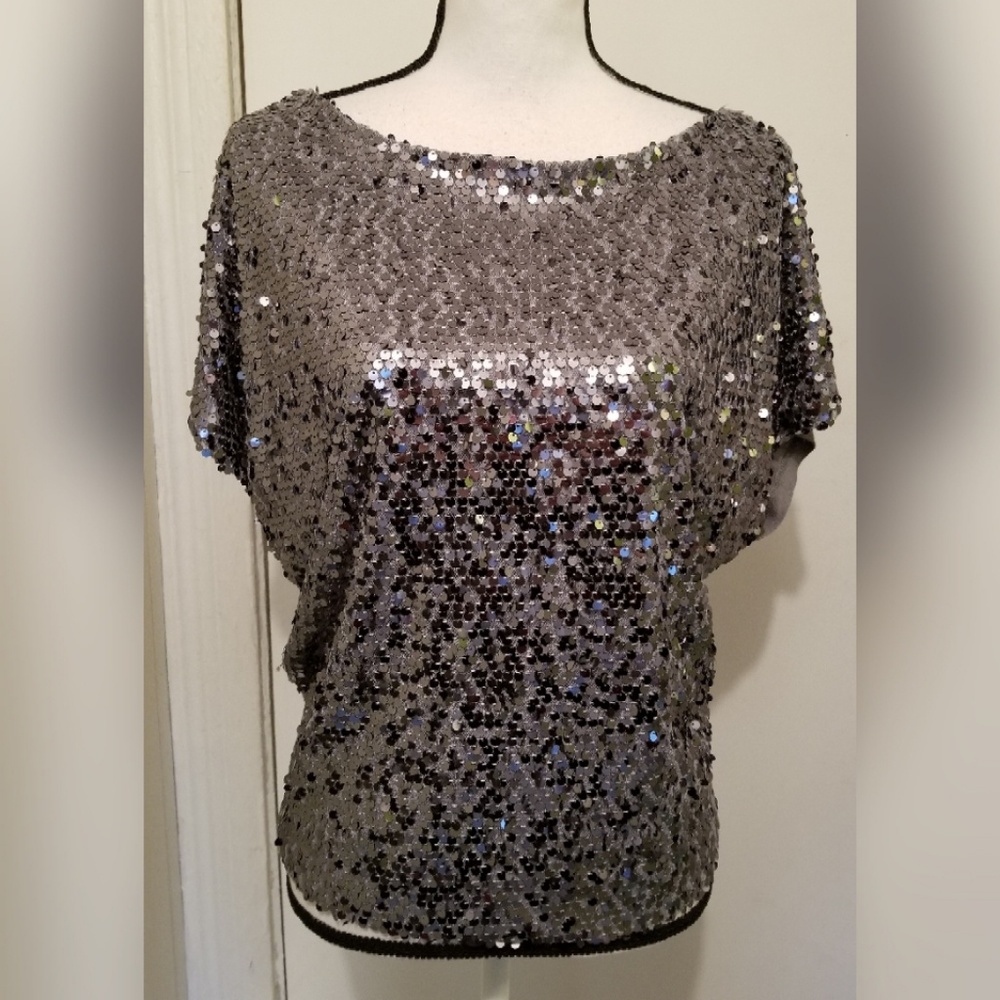 Jennifer Lopez Gray Sequin Top Blouse Cotton